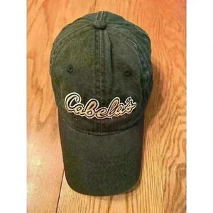 VINTAGE Cabelas Hat Cap Adjustable Green Yellow Script Fishing Camping Hiking